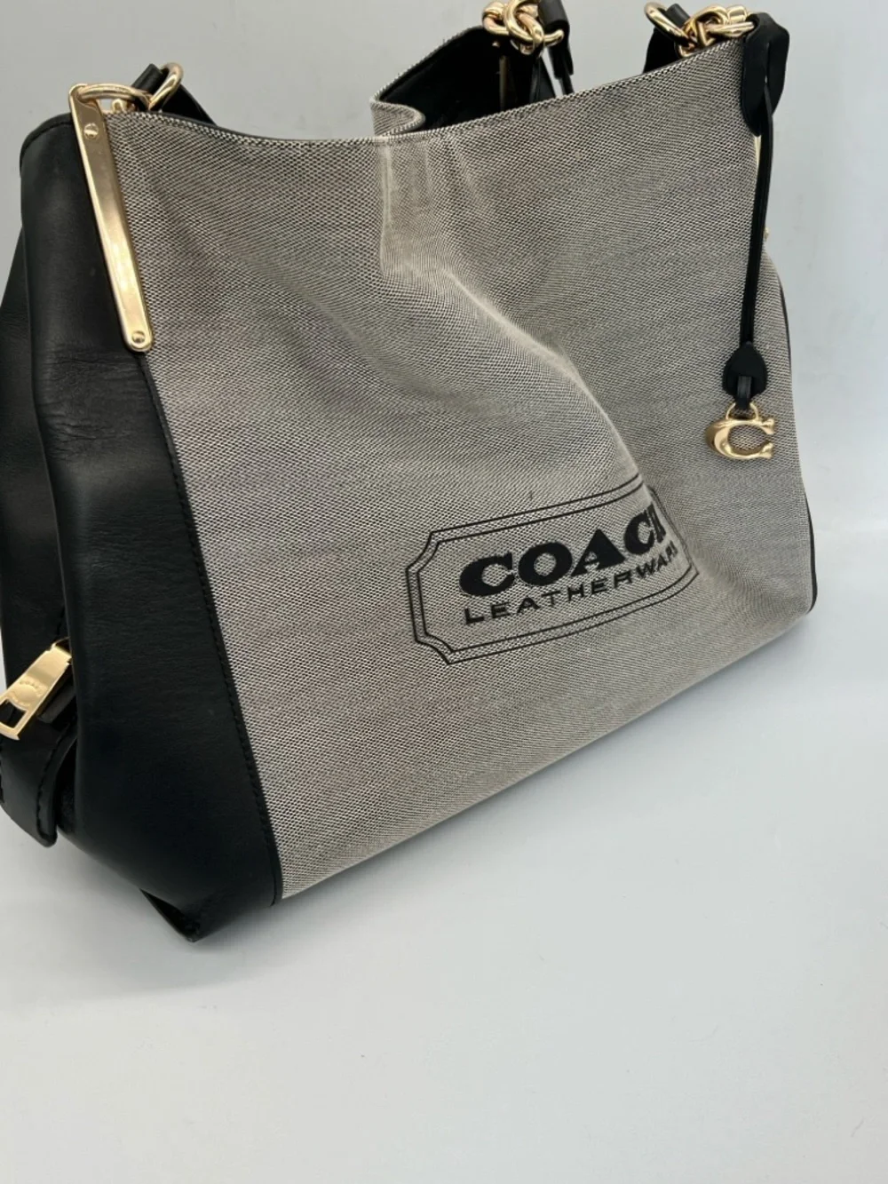 Coach Gray Canvas with Black Leather Shoulder Bag